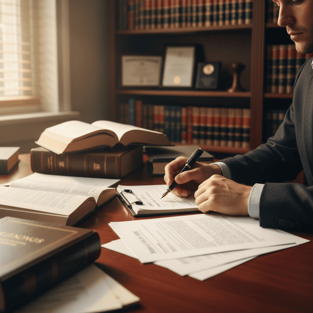 Professional law office desk with legal documents in warm light