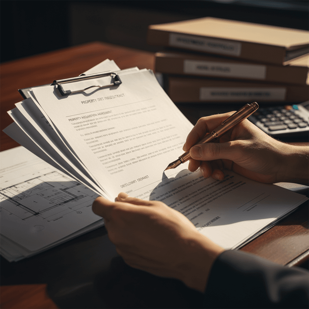 Investor's hands signing property investment contract with blueprints and pen visible on desk