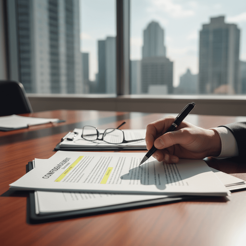 Family law attorney reviewing legal paperwork at a modern office desk