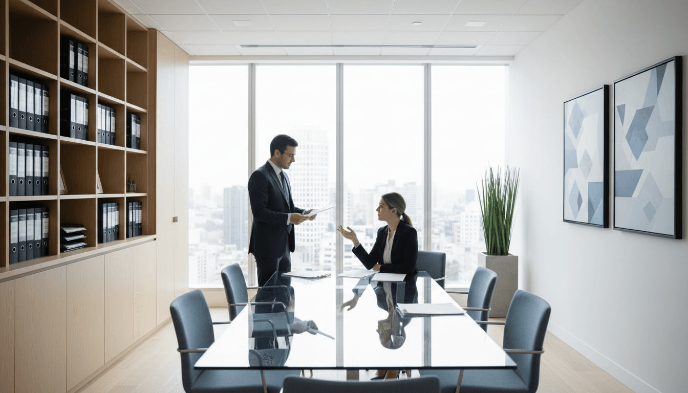 Lawyer in a meeting with a client in a bright office with warm natural light