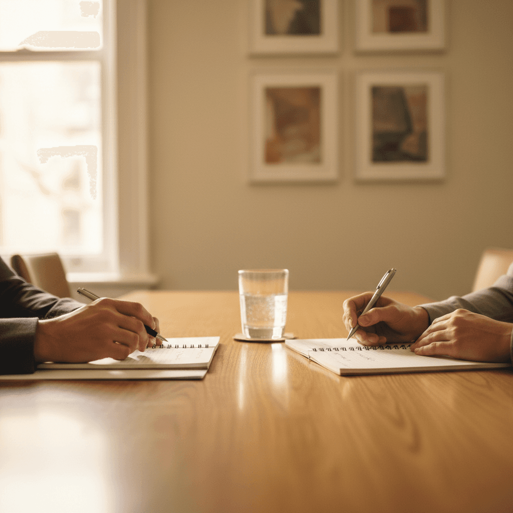 Mediator speaking with a couple in a bright, professional office
