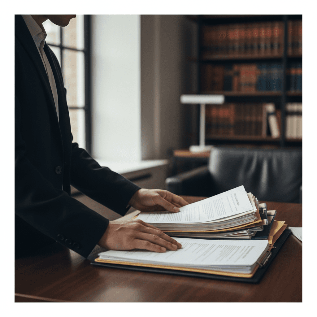 Lawyer in a modern office reviewing mediation documents