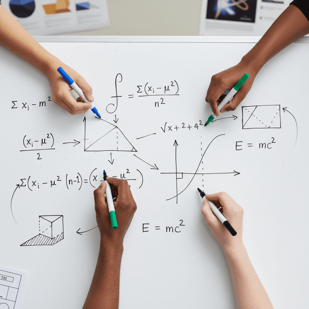 Diverse students' hands writing mathematical equations together on whiteboard during collaborative learning session