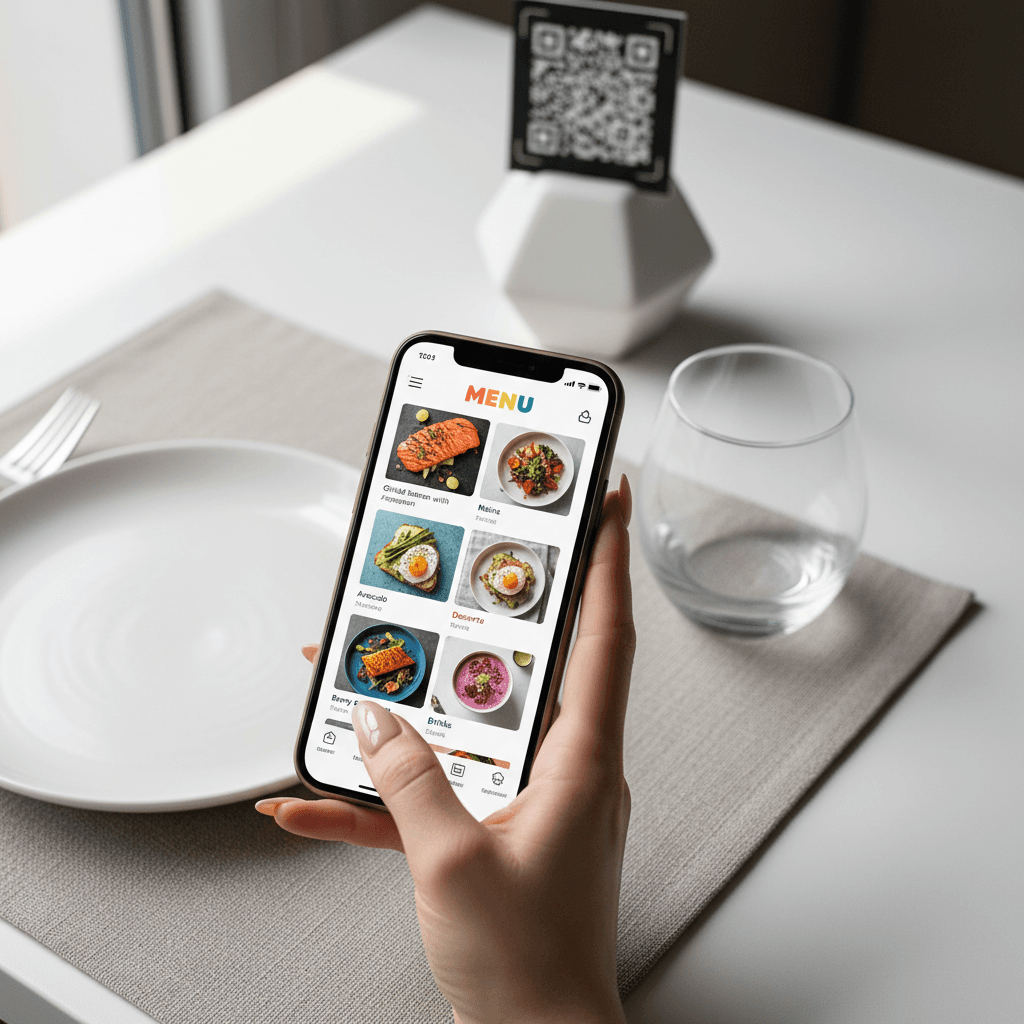 Smartphone displaying digital restaurant menu interface at table with mounted QR code placard visible