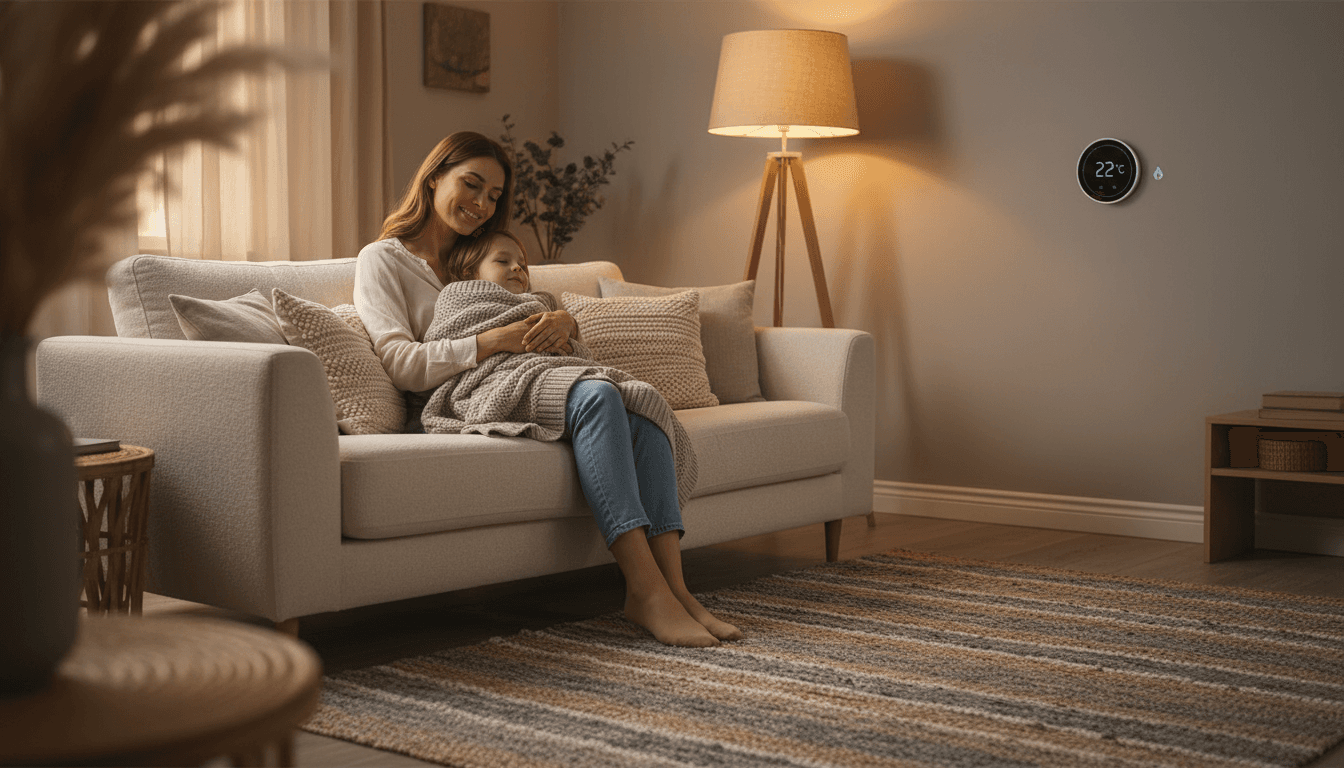 Family relaxing comfortably in warm living room with wall-mounted smart thermostat visible in background