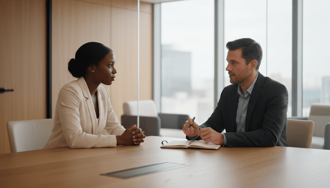 Two professionals engaged in focused discussion across a modern conference table in a sunlit glass-walled meeting room
