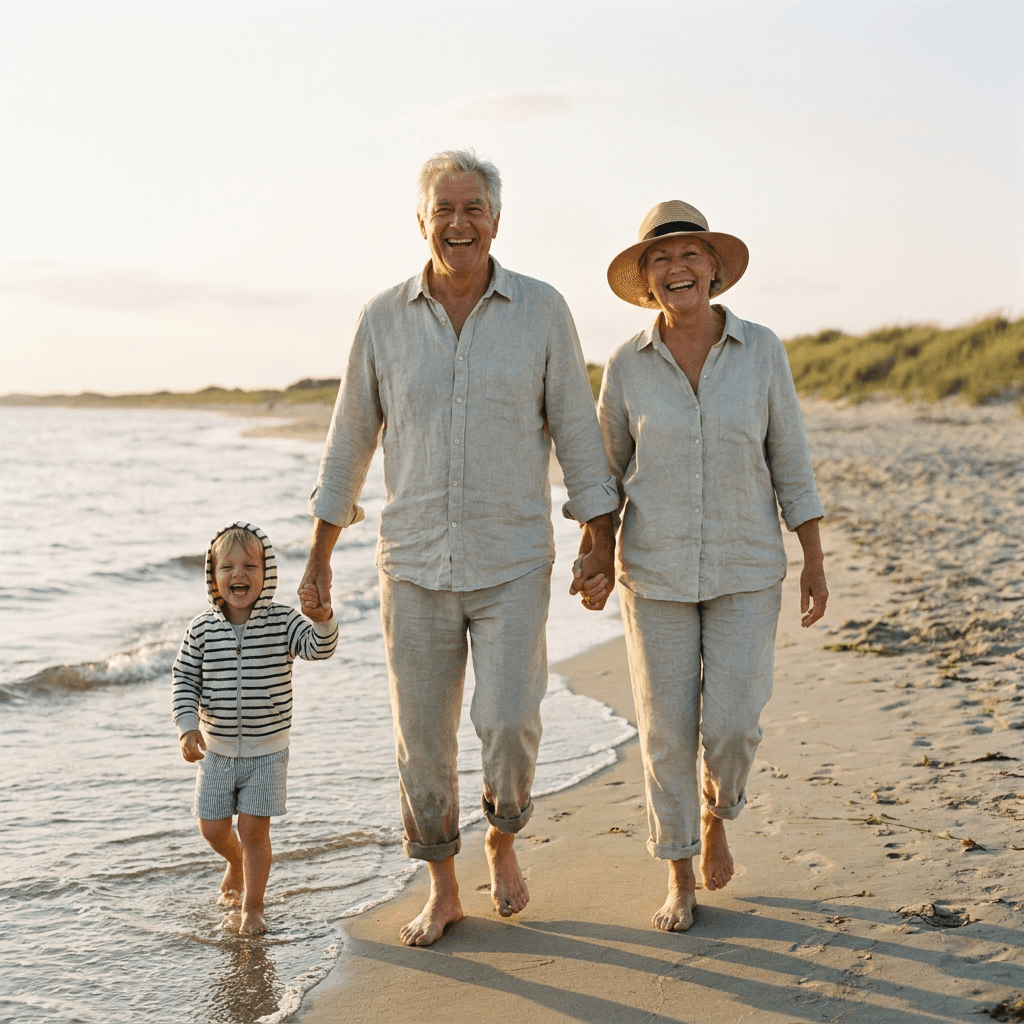 A happy older couple walks hand-in-hand with their laughing grandchild along a sandy beach at sunset.