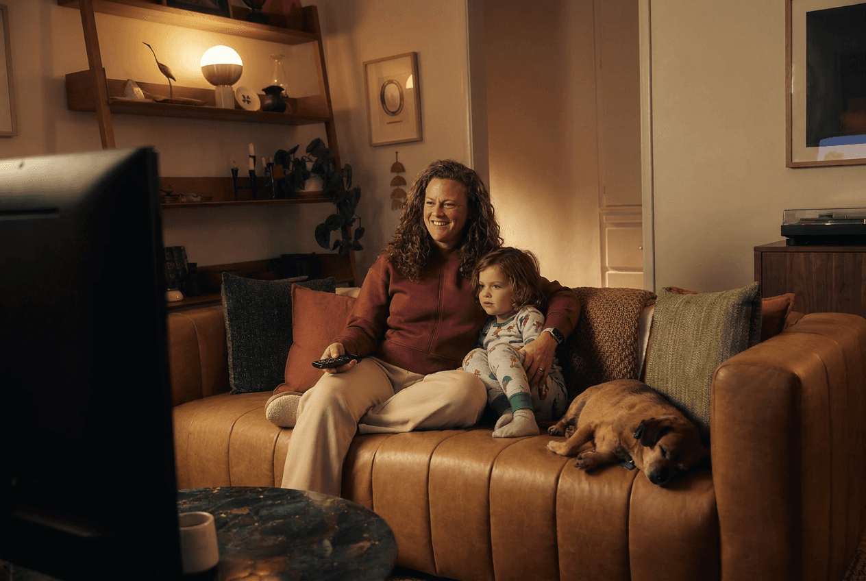 A relaxed woman smiles while watching TV with a child and a dog on a comfortable couch, representing peace of mind from well-managed finances.